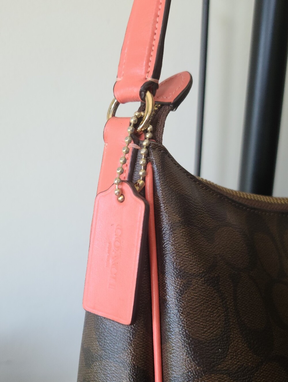 Coach Zip Shoulder Bag in Brown Signature Canvas & Pink (Coral) Leather #F29209 - Picture 8 of 16